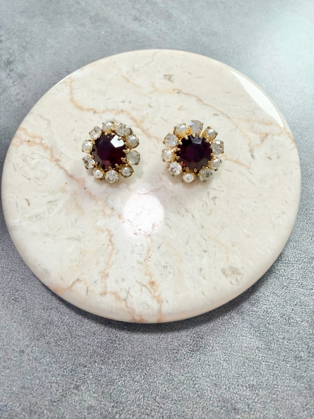 Vintage Austria Gold Garnet Red Faux Pearl And Clear Crystal Earrings Clip-on